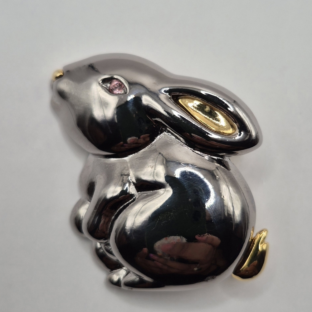 Vintage Liz Claiborne  Bunny Brooch With Blue Rhinestone Gold And Silver Tone